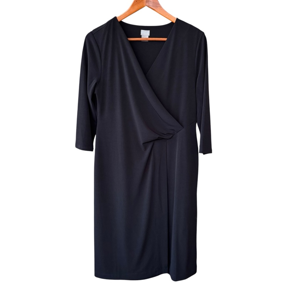 Chicos Size 1 Black 3/4 Sleeve Dress Draped Front Faux Wrap Style Size 8 10